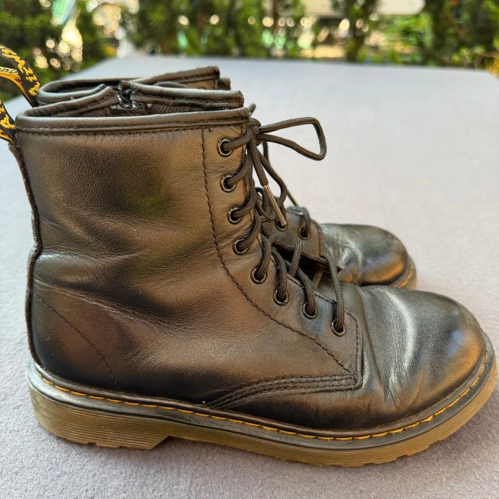 Dr. Martens 1460 J Black Leather Lace Up Side Zip Combat Boots US Women 5